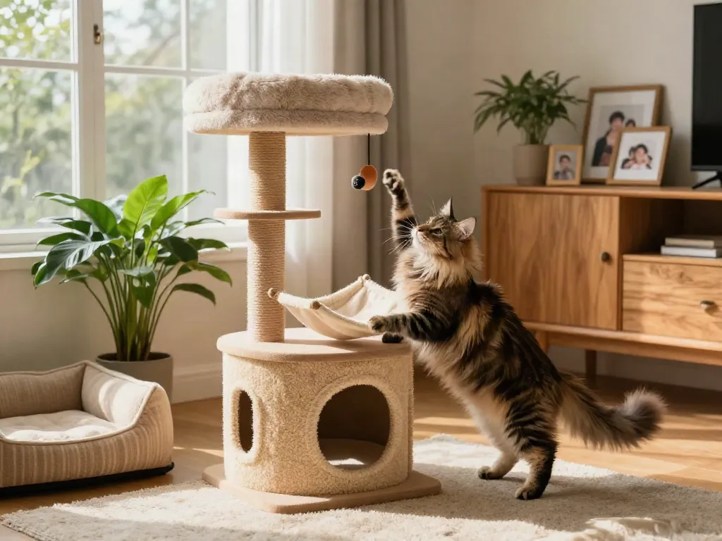 Playful cat enjoying its new cat tower in a bright living room