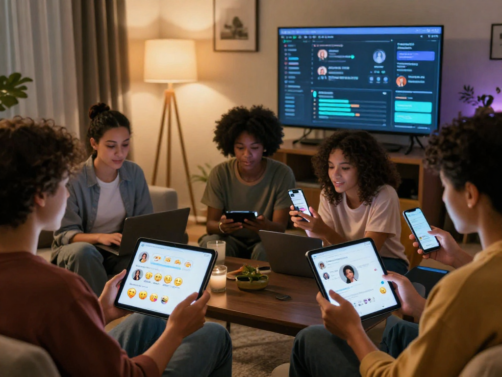 AI porn chat engagement scene with diverse users interacting on devices in a cozy setting.
